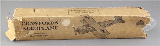 A William Crawford & Sons Ltd tinplate Crawfords Air Service Aeroplane biscuit tin, 15in.